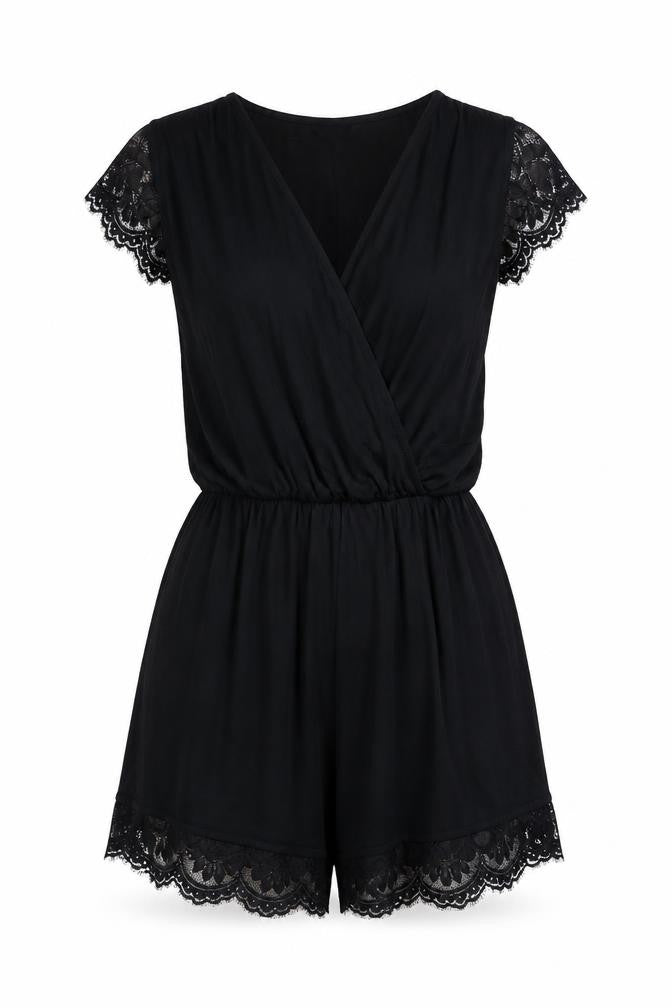 Topshop Womens Black Viscose Playsuit One-Piece Size 6 Pullover - Lace Trim