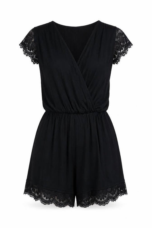 Topshop Womens Black Viscose Playsuit One-Piece Size 6 Pullover - Lace Trim