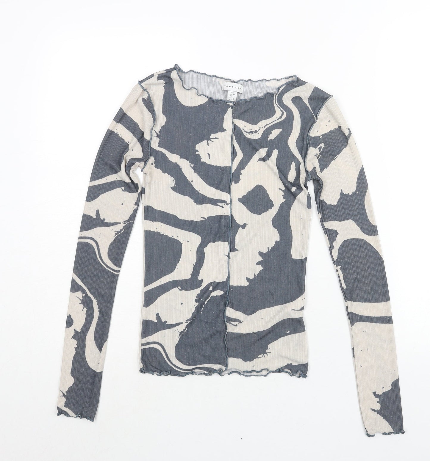 Topshop Womens Grey Geometric Polyester Basic Blouse Size 6 Boat Neck - Exposed Seam Detail