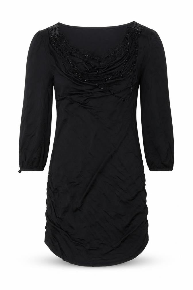 Julien Macdonald Womens Black Polyester Mini Size 12 Scoop Neck Pullover - Rouched Tassle Beading Detail