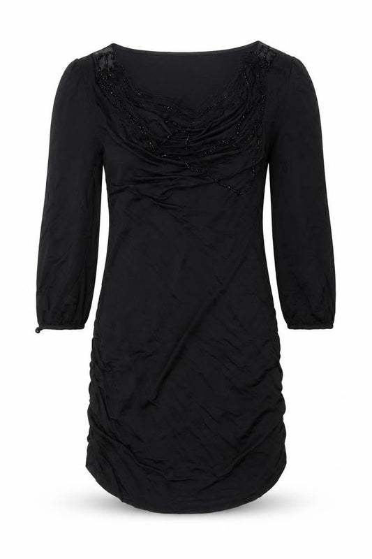 Julien Macdonald Womens Black Polyester Mini Size 12 Scoop Neck Pullover - Rouched Tassle Beading Detail