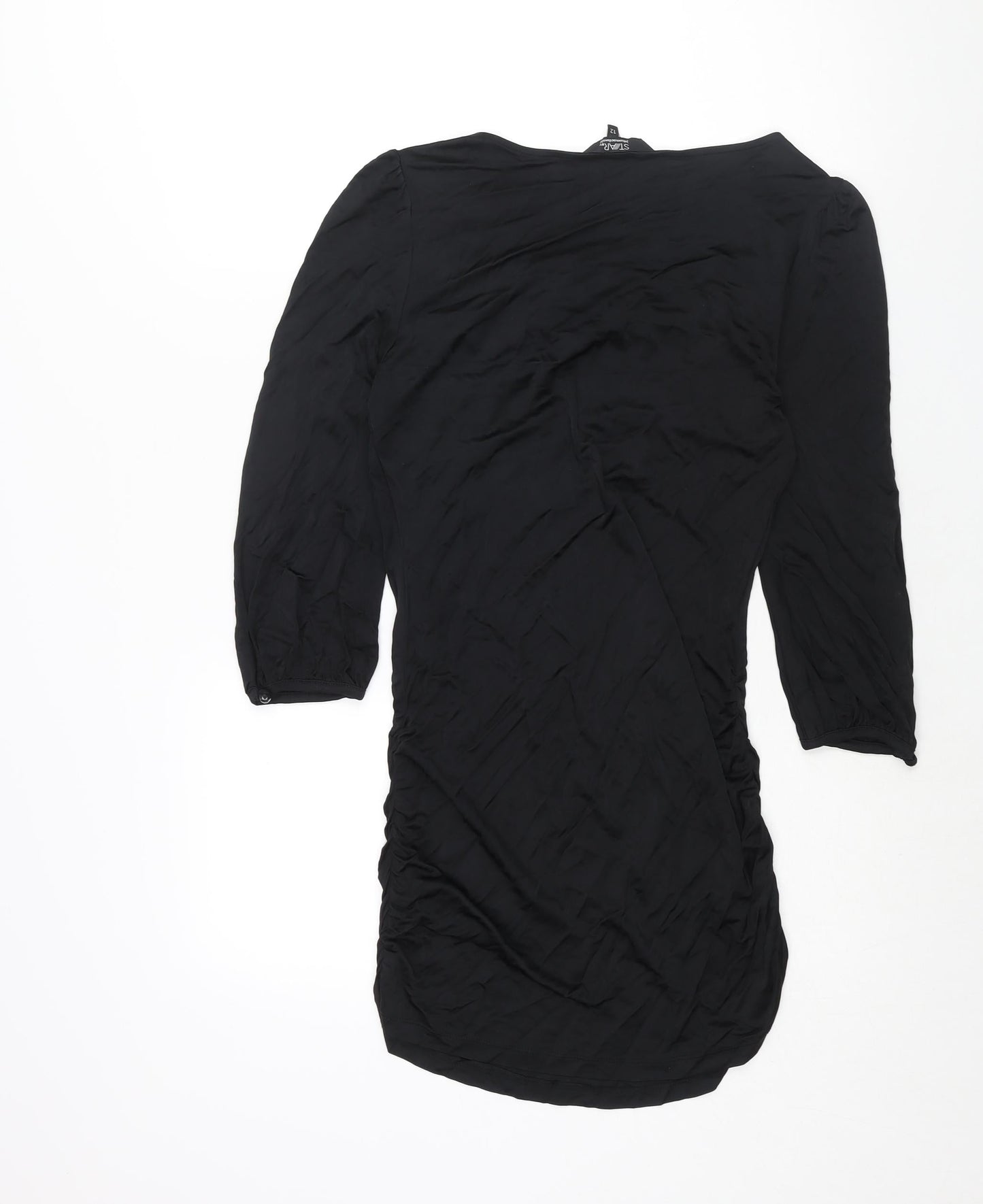 Julien Macdonald Womens Black Polyester Mini Size 12 Scoop Neck Pullover - Rouched Tassle Beading Detail