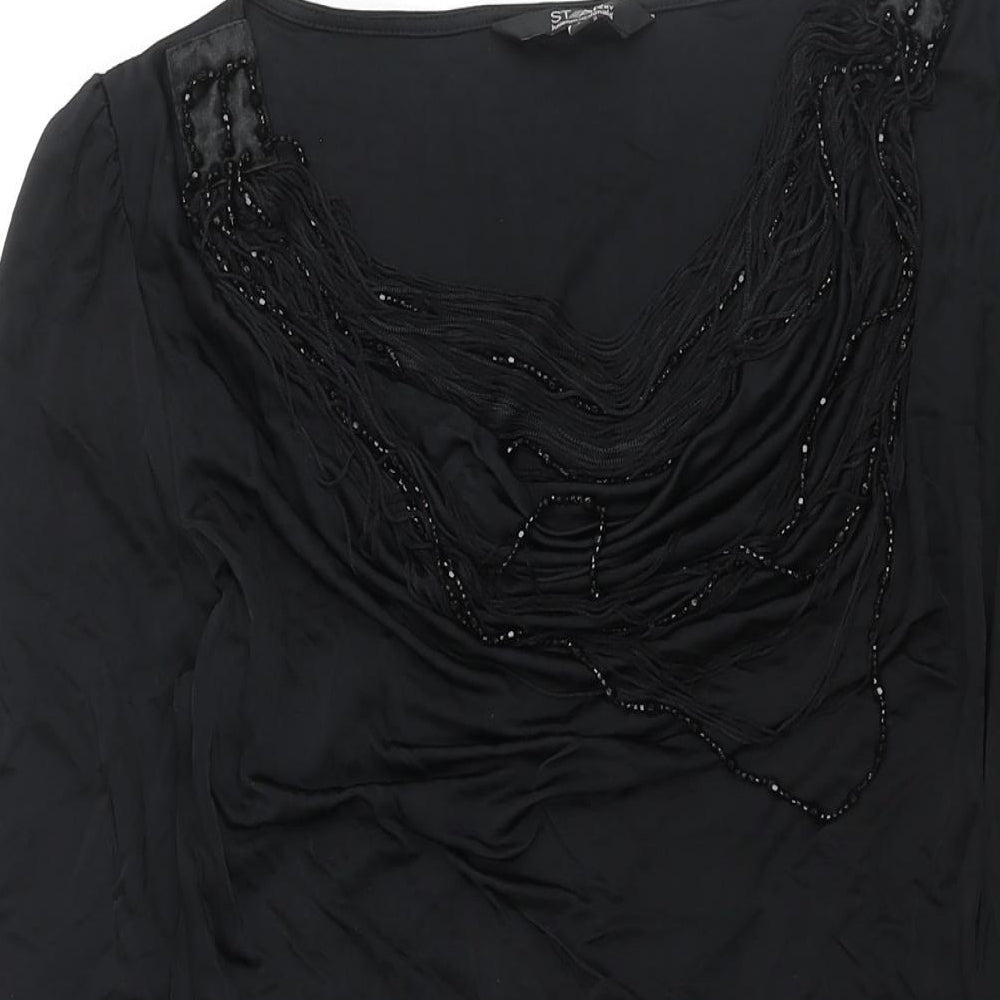 Julien Macdonald Womens Black Polyester Mini Size 12 Scoop Neck Pullover - Rouched Tassle Beading Detail
