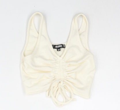 Additional front view of Missguided women’s ivory polyester cropped blouse, size UK 10, v-neck - drawstring detail