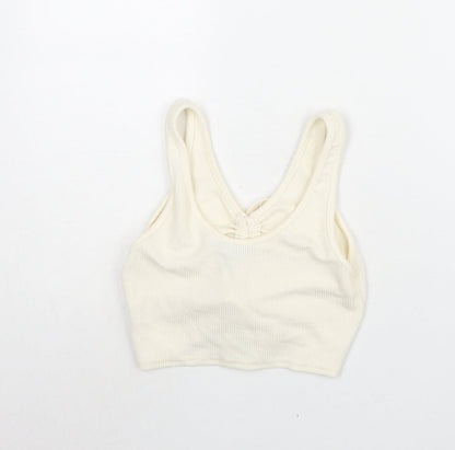 Back view of Missguided women’s ivory polyester cropped blouse, size UK 10, v-neck - drawstring detail