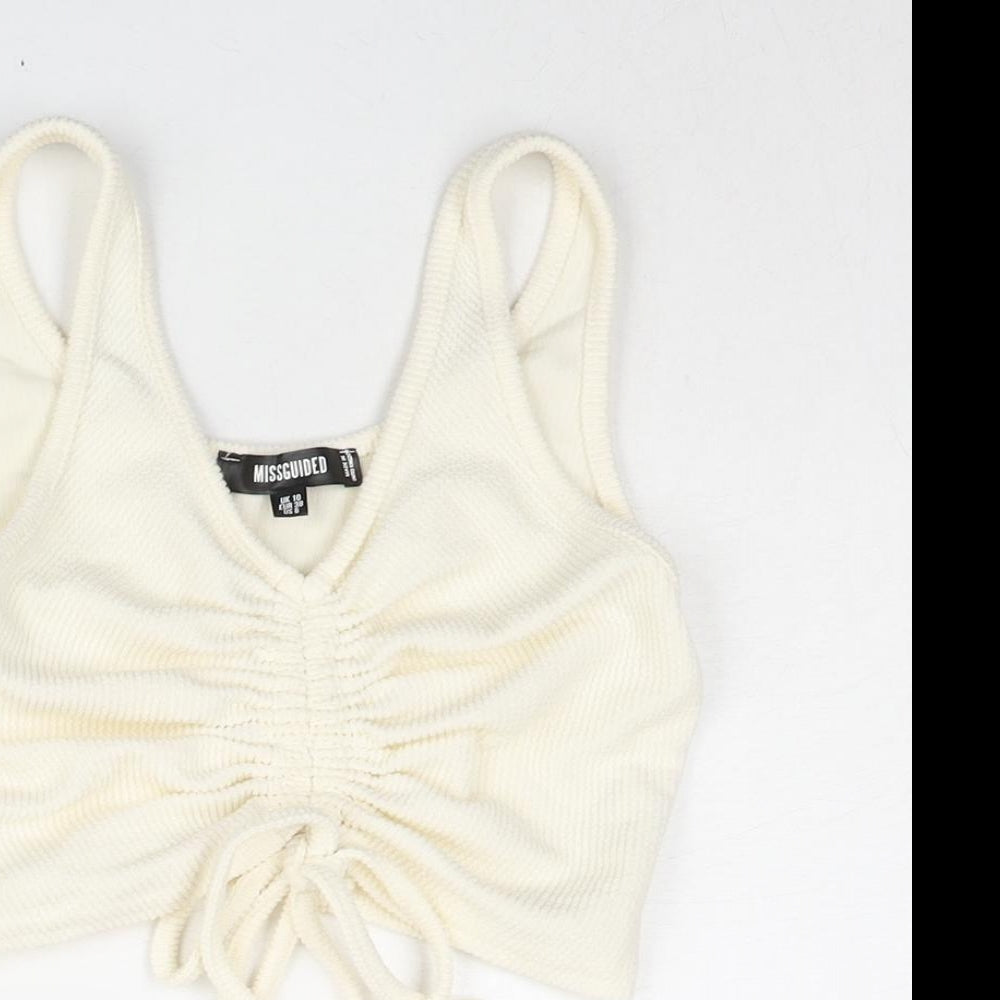 Missguided Womens Ivory Polyester Cropped Blouse Size 10 V-Neck - Drawstring Detail