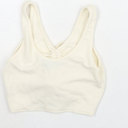 Brand and care label for Missguided women’s ivory polyester cropped blouse, size UK 10, v-neck - drawstring detail