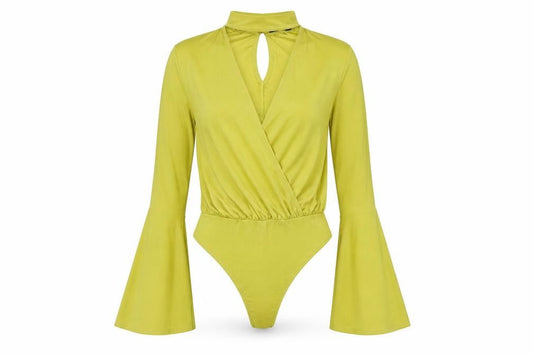 Front view of Misguided women’s yellow polyester bodysuit one-piece, size UK 8, snap - v neck cut out bell sleeve