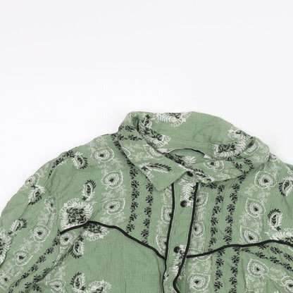 Stradivarius Womens Green Geometric Viscose Basic Button-Up Size L Collared - Piping Detail