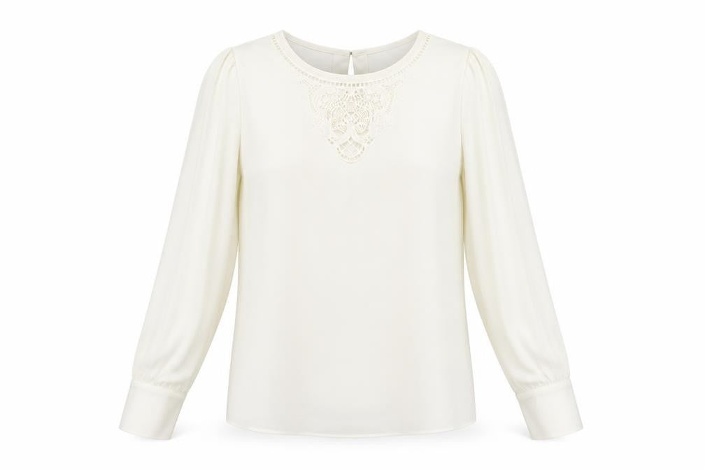 Marks & Spencer Womens Ivory Polyester Basic Blouse Size 10 Round Neck - Lace Detail