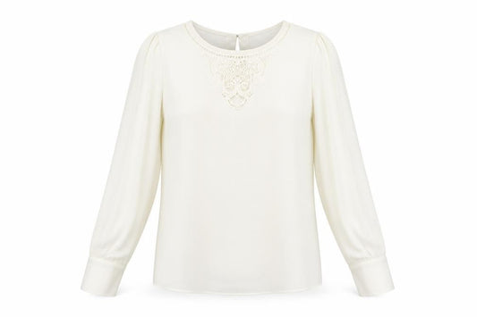 Marks and Spencer Womens Ivory Polyester Basic Blouse Size 10 Round Neck - Lace Detail