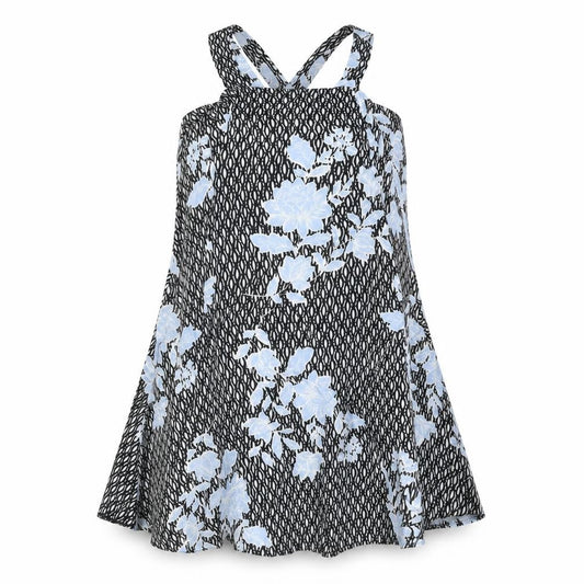 Front view of Miss Selfridge women’s black geometric viscose a-line, size UK 4, square neck pullover - floral print