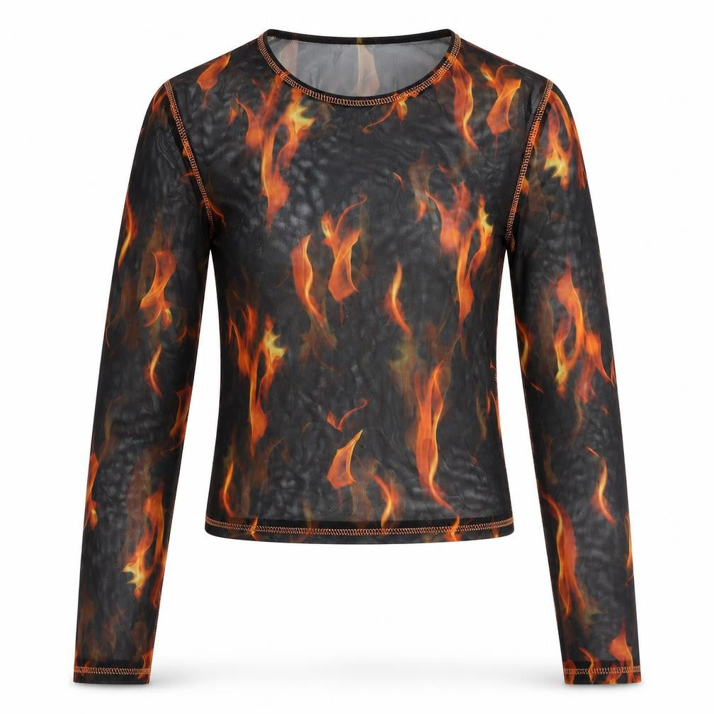 Urban Outfitters Womens Black Geometric Polyester Basic Blouse Size M Round Neck - Flame Print Semi Sheer