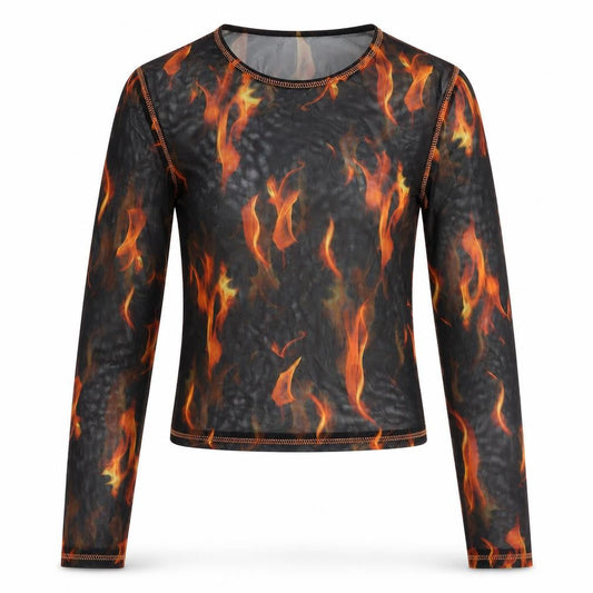 Urban Outfitters Womens Black Geometric Polyester Basic Blouse Size M Round Neck - Flame Print Semi Sheer