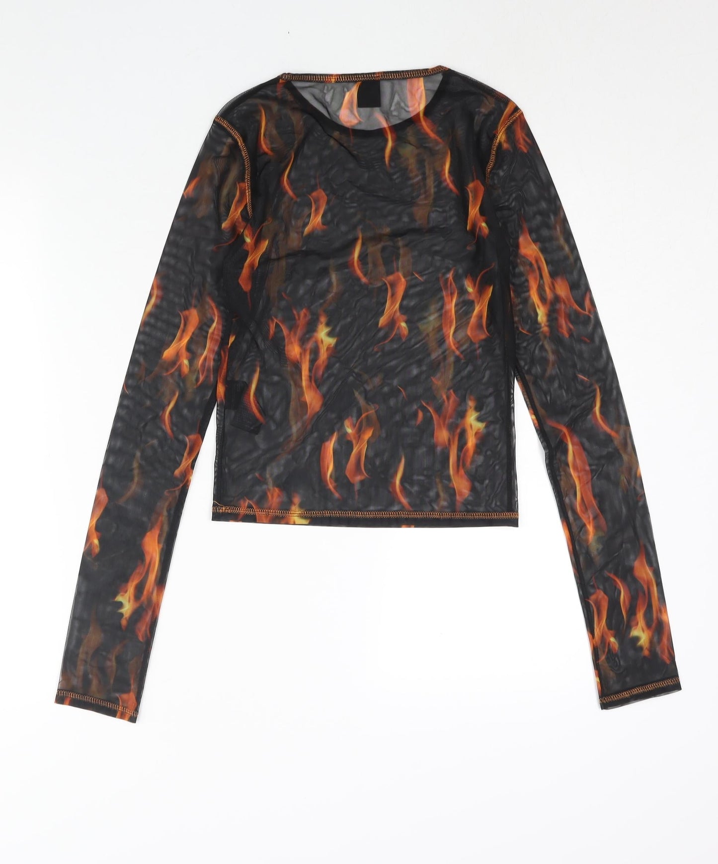 Urban Outfitters Womens Black Geometric Polyester Basic Blouse Size M Round Neck - Flame Print Semi Sheer