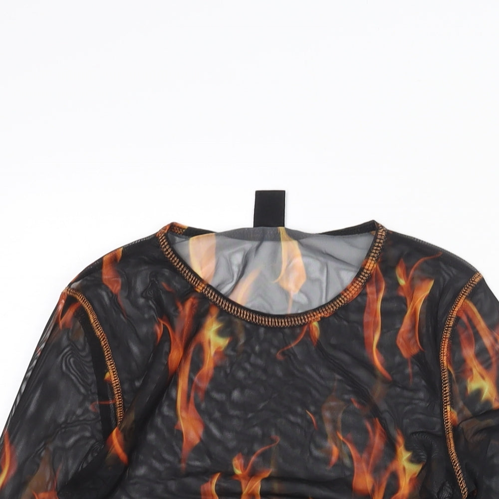 Urban Outfitters Womens Black Geometric Polyester Basic Blouse Size M Round Neck - Flame Print Semi Sheer
