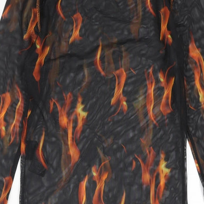 Urban Outfitters Womens Black Geometric Polyester Basic Blouse Size M Round Neck - Flame Print Semi Sheer