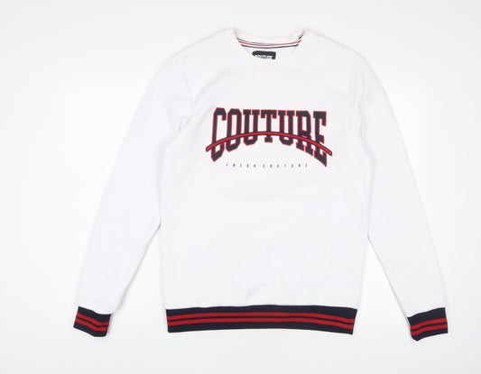 Couture Mens White Cotton Pullover Sweatshirt Size M - Logo, Embroidered