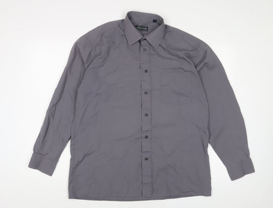 Peter England Mens Grey Cotton Button-Up Size 16 Collared Button