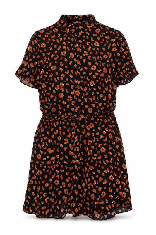 Dorothy Perkins Womens Black Animal Print Viscose A-Line Size 14 Collared Button