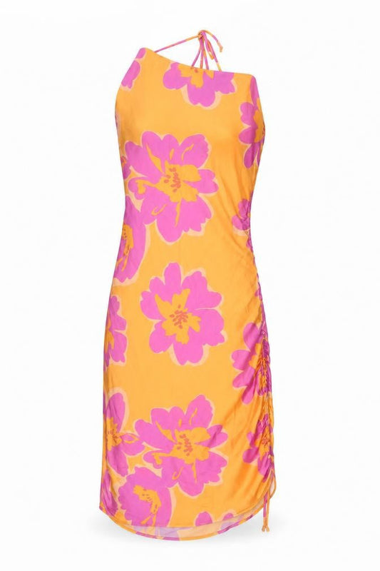 Bershka Womens Orange Floral Polyester A-Line Size XS Scoop Neck Tie - Pink Flowers