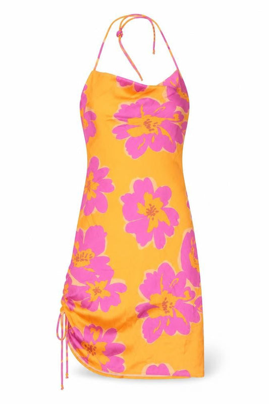 Bershka Womens Orange Floral Polyester A-Line Size XS Scoop Neck - Pink Flowers