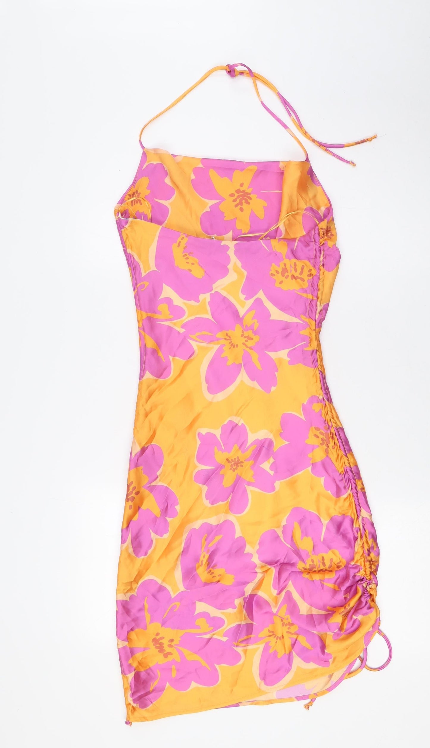 Bershka Womens Orange Floral Polyester A-Line Size XS Scoop Neck - Pink Flowers