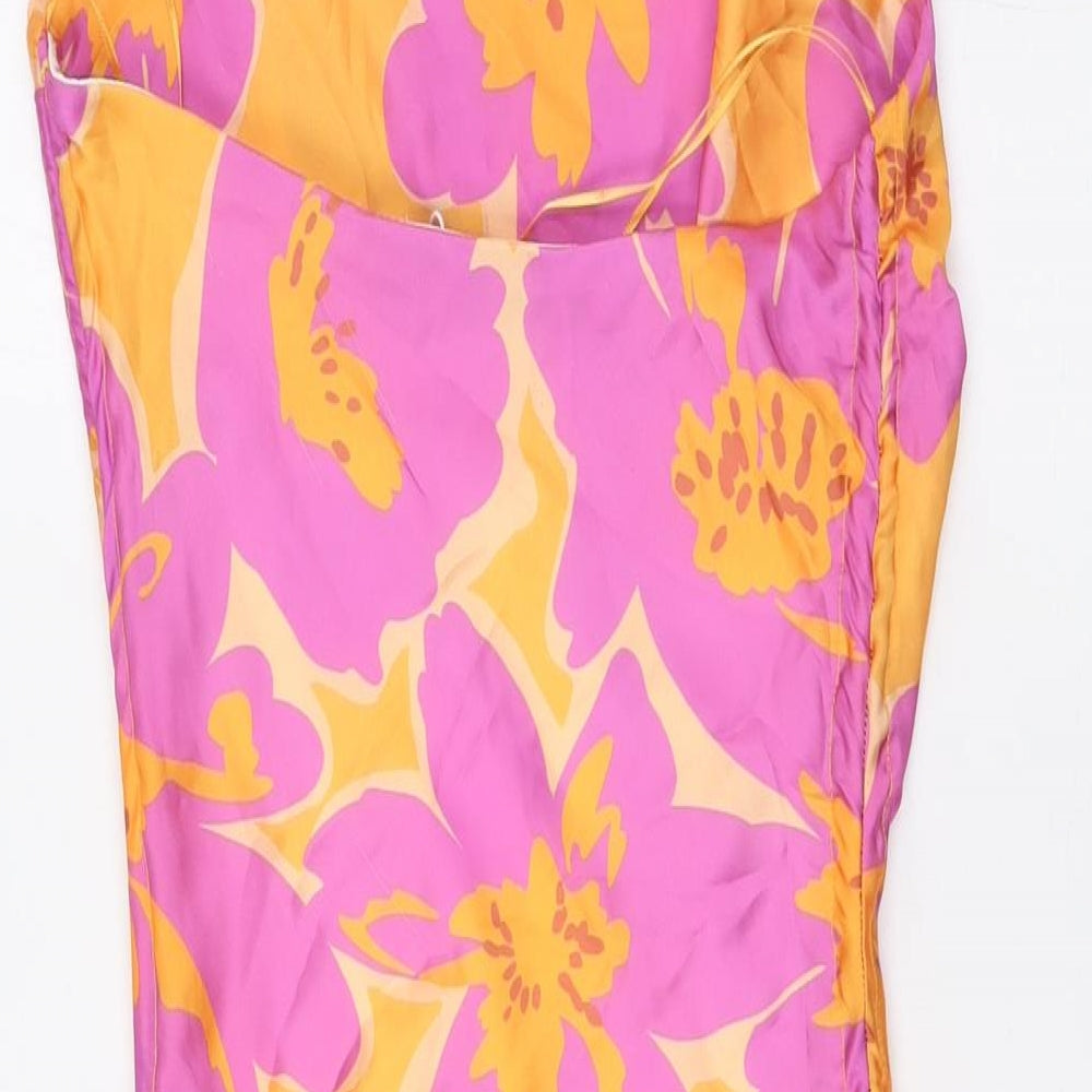 Bershka Womens Orange Floral Polyester A-Line Size XS Scoop Neck - Pink Flowers