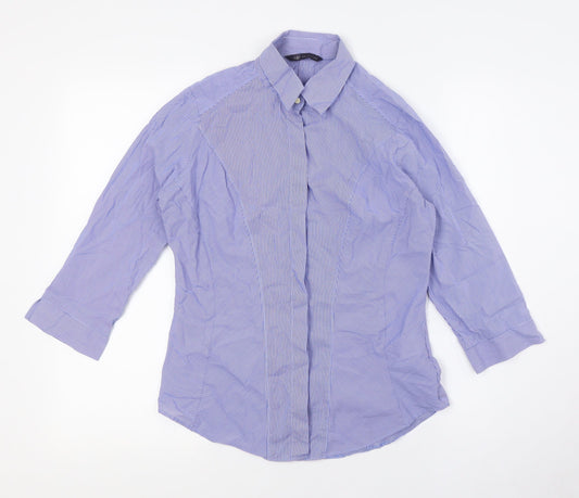 Marks and Spencer Womens Blue Striped Cotton Basic Button-Up Size 8 Collared