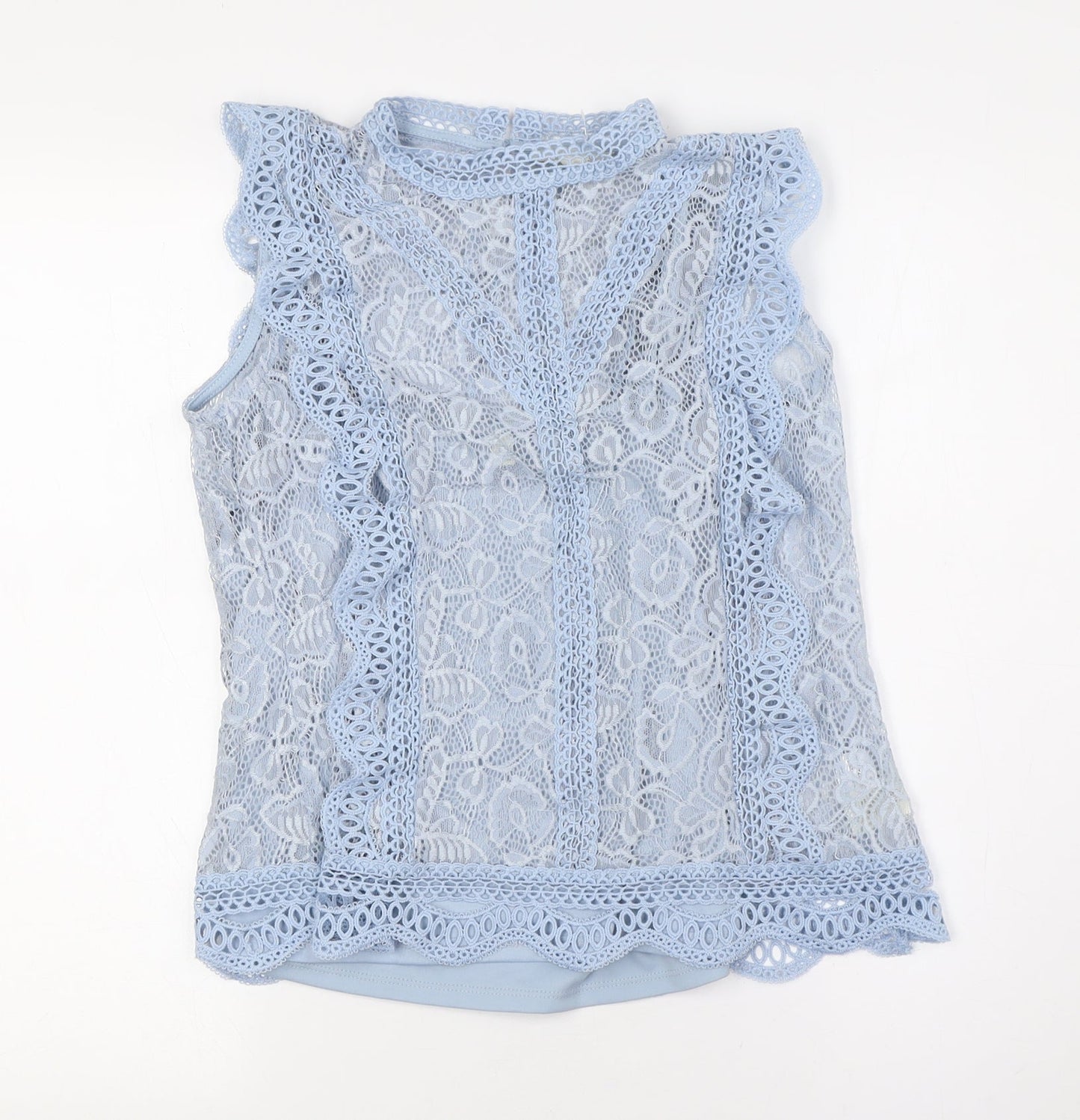 Adiva Womens Blue Nylon Basic Button-Up Size S Mock Neck - Lace Overlay