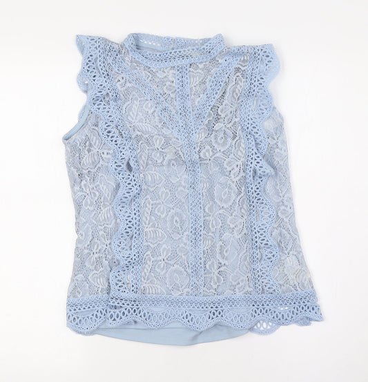 Adiva Womens Blue Nylon Basic Button-Up Size S Mock Neck - Lace Overlay