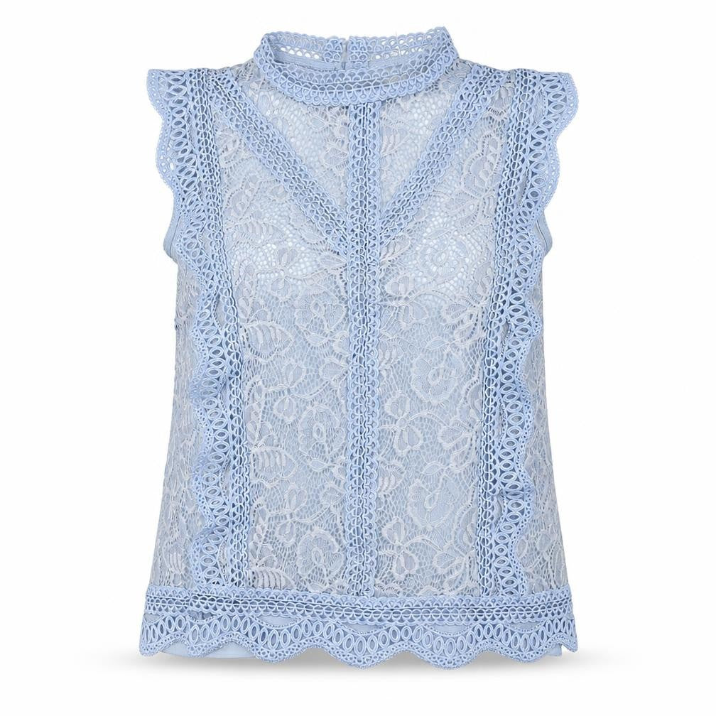Adiva Womens Blue Nylon Basic Button-Up Size S Mock Neck - Lace Overlay