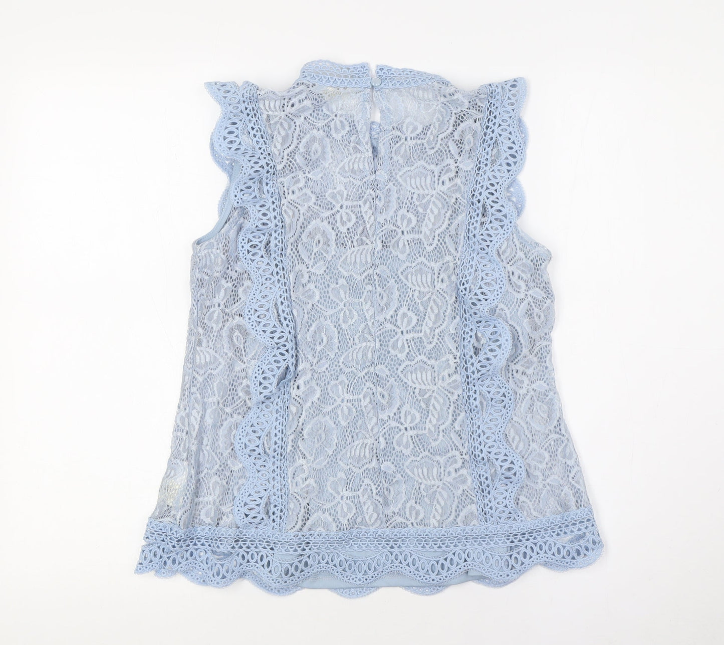 Adiva Womens Blue Nylon Basic Button-Up Size S Mock Neck - Lace Overlay