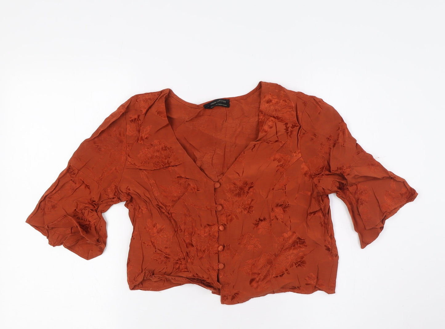 Zara Womens Orange Viscose Cropped Button-Up Size S V-Neck