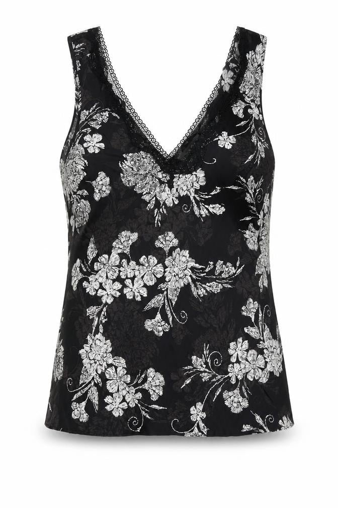 Marks & Spencer Womens Black Floral Polyester Cami Pyjama Top Size 14 - Lace Trim