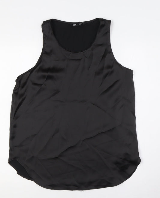 Zara Womens Black Polyester Basic Button-Up Size M Round Neck