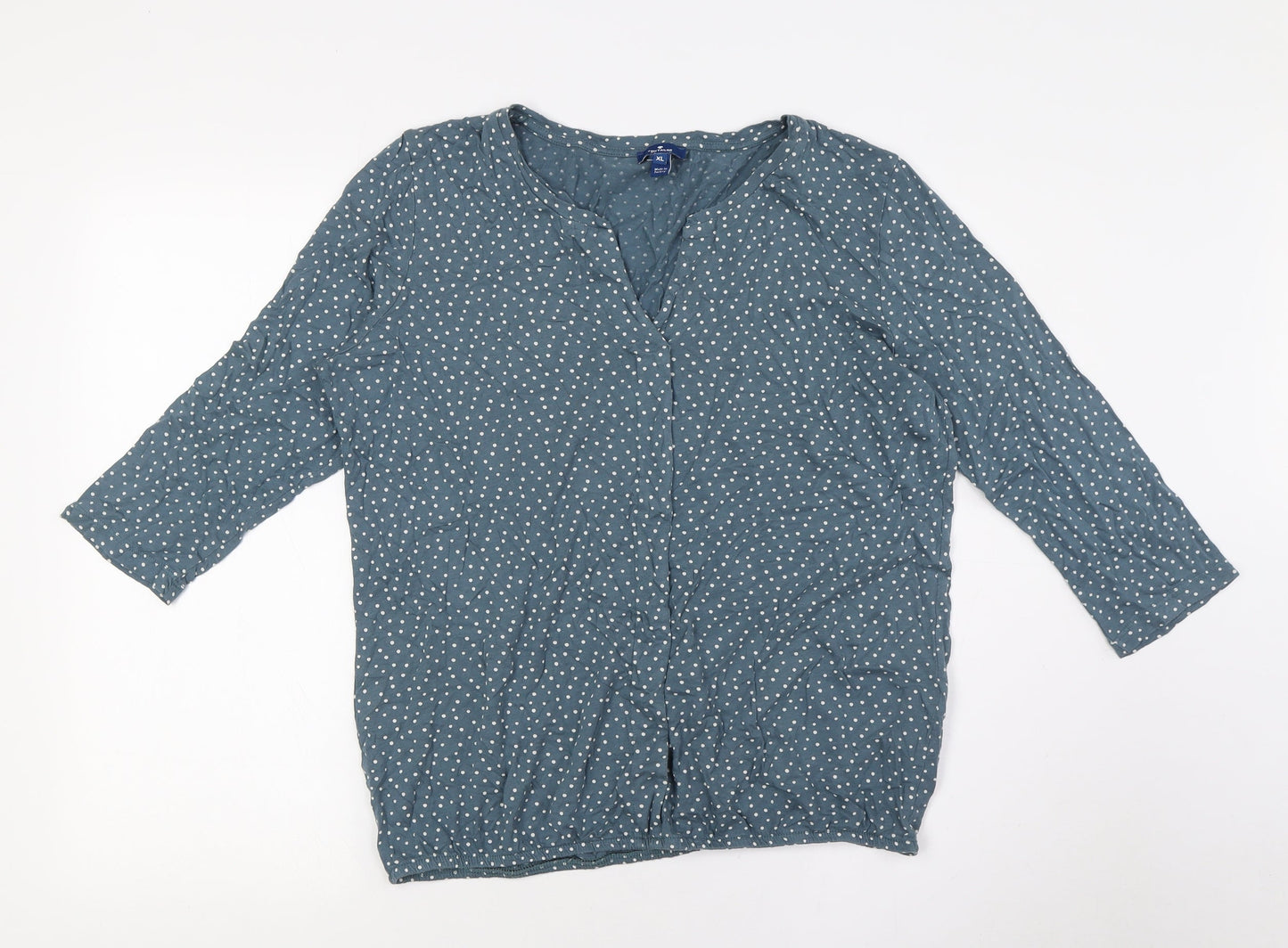 TOM TAILOR Womens Blue Polka Dot Cotton Basic Button-Up Size XL V-Neck