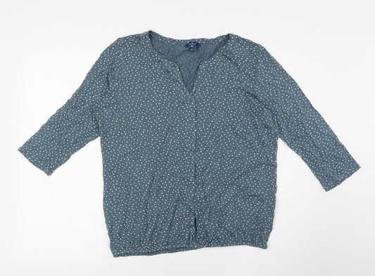 TOM TAILOR Womens Blue Polka Dot Cotton Basic Button-Up Size XL V-Neck