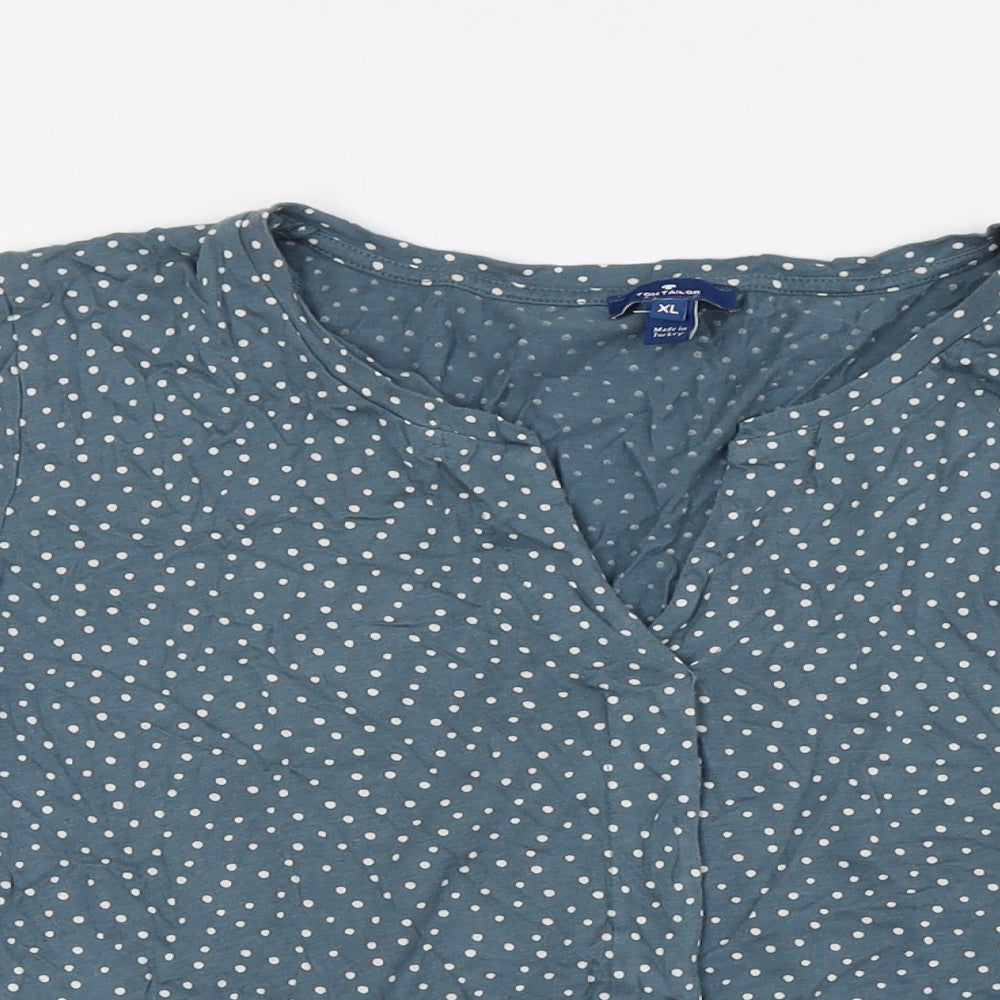 TOM TAILOR Womens Blue Polka Dot Cotton Basic Button-Up Size XL V-Neck