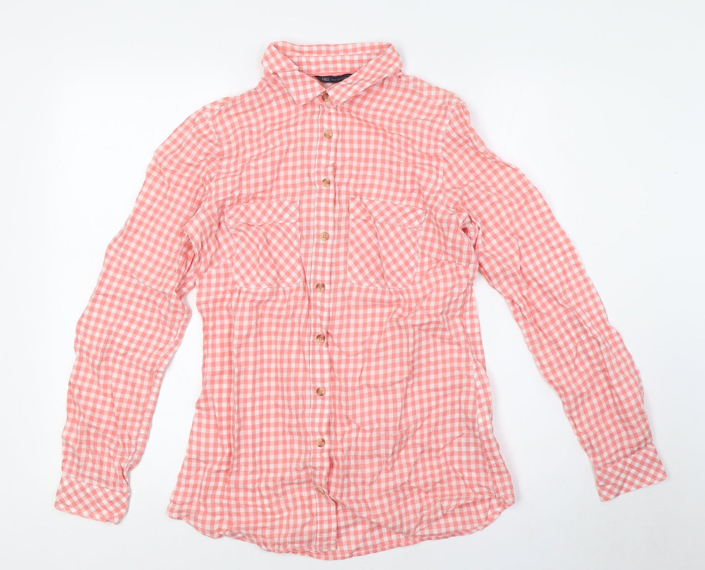 Marks and Spencer Womens Red Check Cotton Basic Button-Up Size 8 Collared