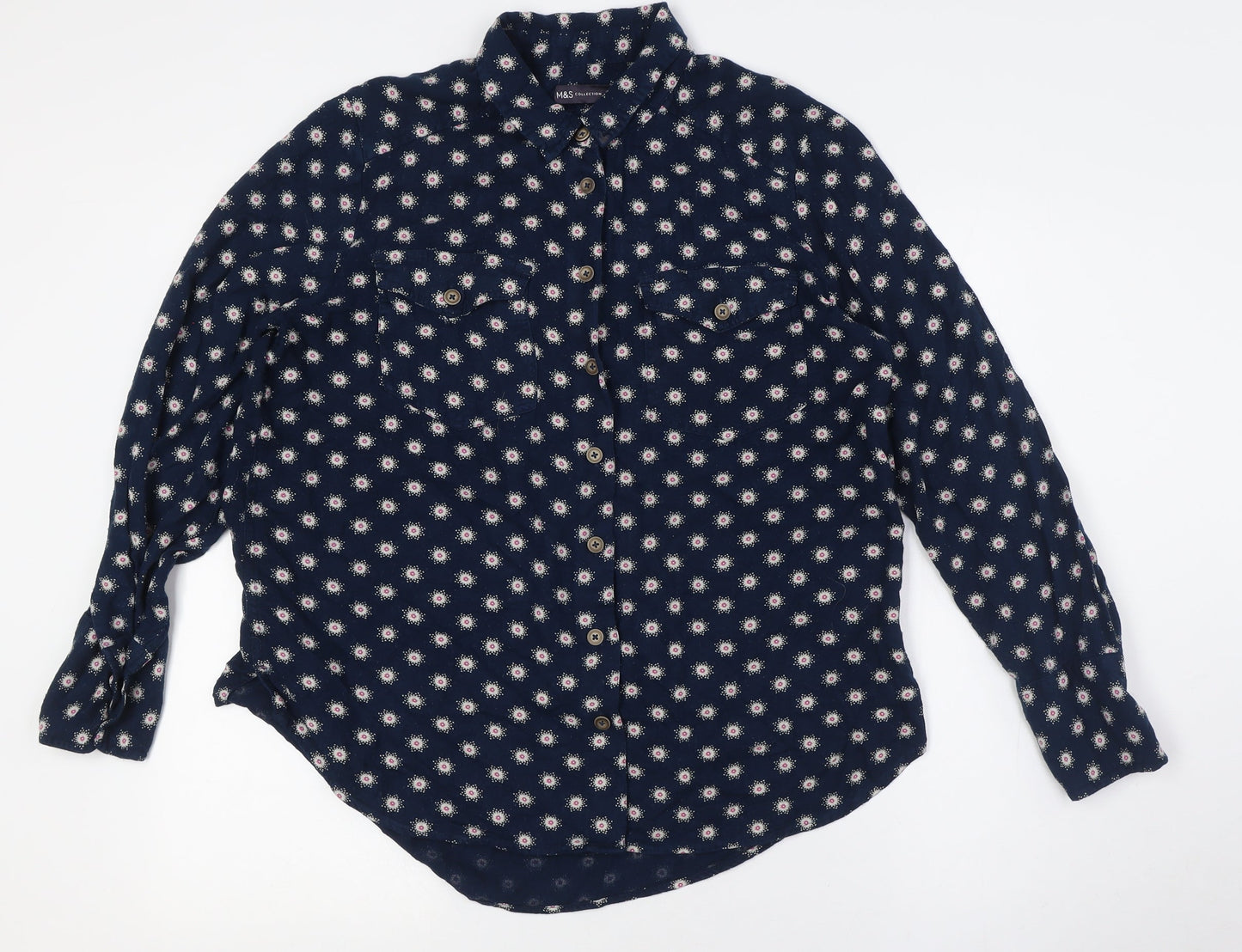 Marks and Spencer Womens Blue Viscose Basic Button-Up Size 10 Collared