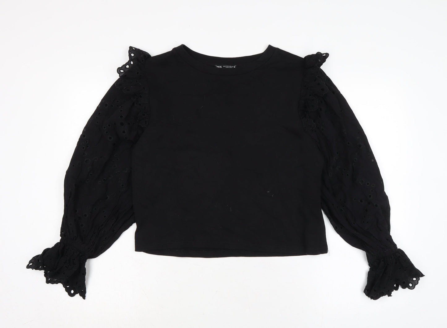 Zara Womens Black Cotton Basic Blouse Size S Crew Neck