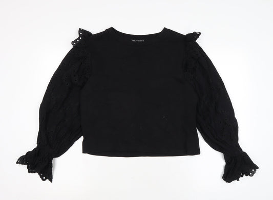 Zara Womens Black Cotton Basic Blouse Size S Crew Neck