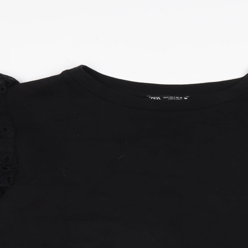 Zara Womens Black Cotton Basic Blouse Size S Crew Neck