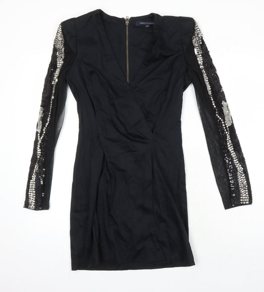 French Connection Womens Black Cotton Pencil Dress Size 10 V-Neck Zip - Sequin Detail