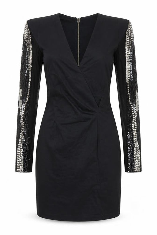 French Connection Womens Black Cotton Pencil Dress Size 10 V-Neck Zip - Sequin Detail