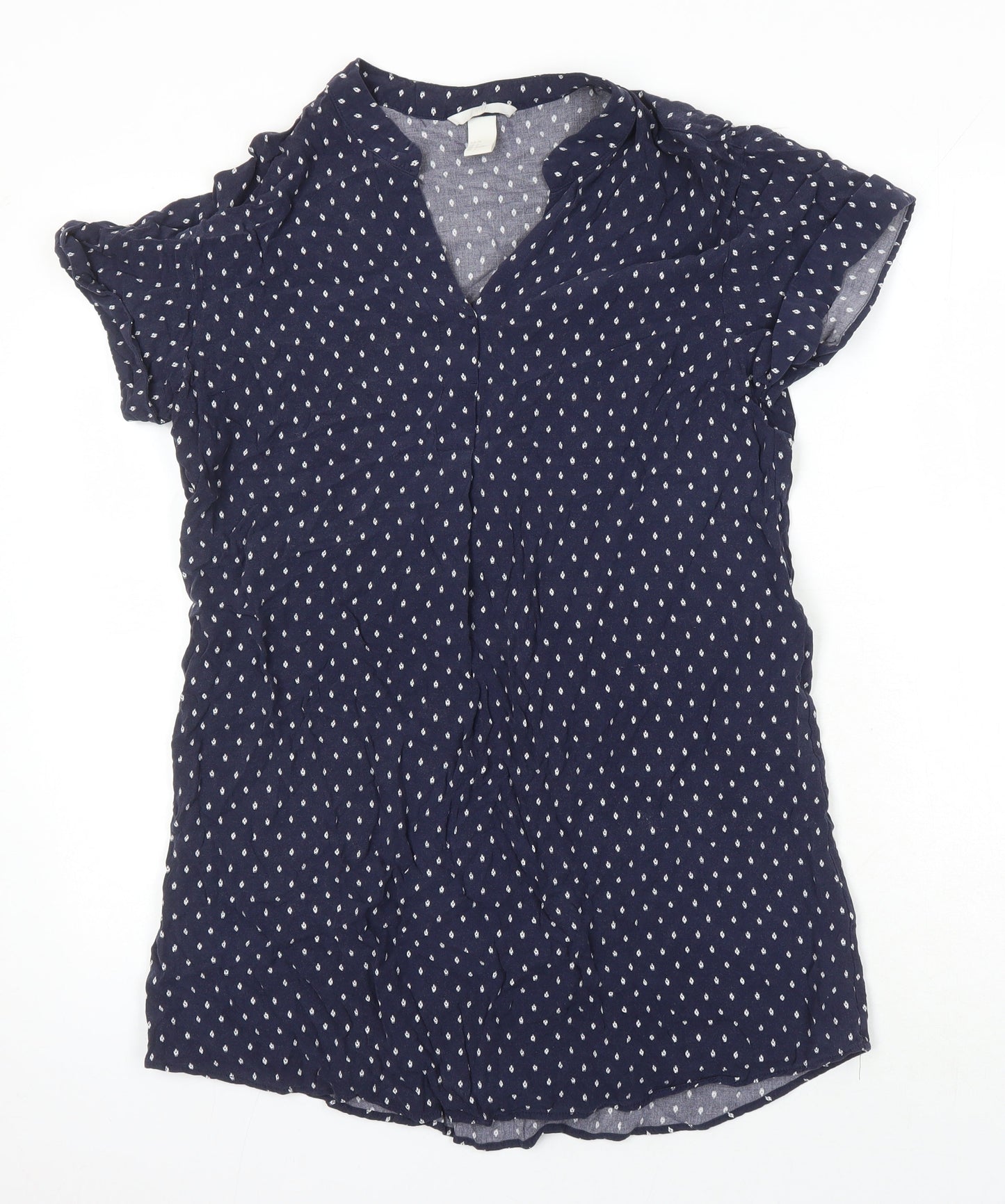 H&M Womens Blue Geometric Viscose Tunic Blouse Size 10 V-Neck