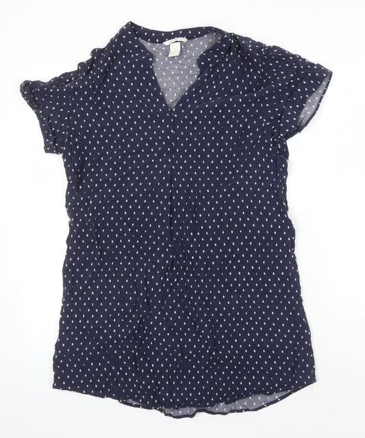 H&M Womens Blue Geometric Viscose Tunic Blouse Size 10 V-Neck
