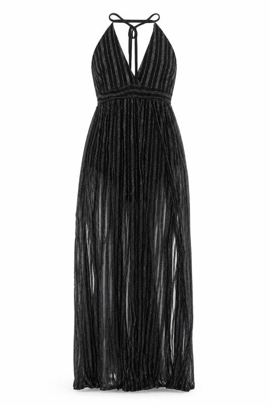 Pink Boutique Womens Black Striped Polyester Maxi Size 10 V-Neck Zip