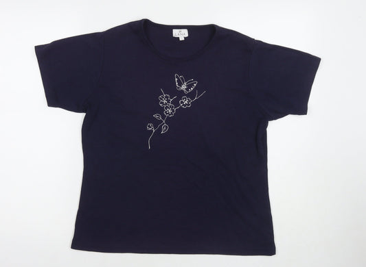 Lana Womens Blue Polyester Basic T-Shirt Size L Round Neck - Flower, Butterfly